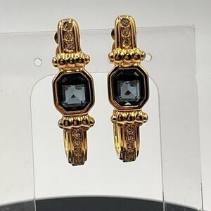 Swarovski‎ Swan Vintage Gold Tone Pave Blue Bezel Crystal Half Hoop Clip Earring